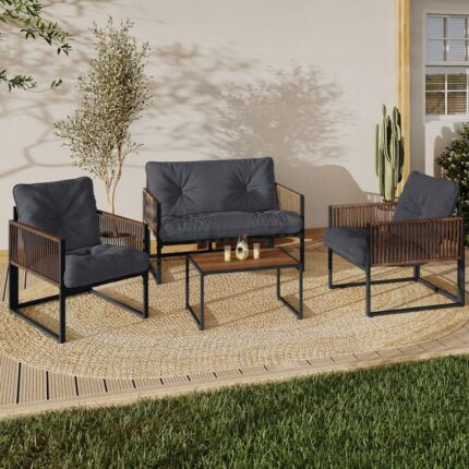 Salon de jardin bas RIO 4 places structure métal gris anthracite, cordage rotin et coussins gris