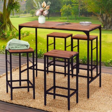 Salon de jardin PANAMA ensemble de bar table haute et 4 tabourets design industriel acacia