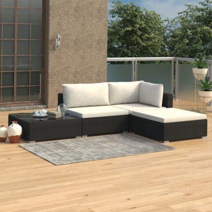 Salon de jardin 4 pcs avec coussins Résine tressée Noir vidaXL