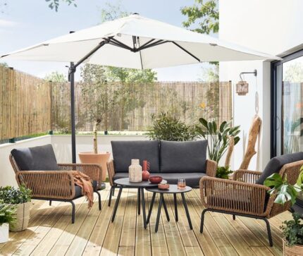 Salon de jardin TANGO, acier imitation rotin naturel gris anthracite 4 personnes