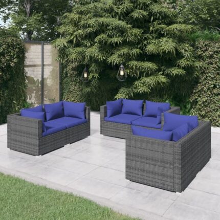 Salon de jardin 6 pcs avec coussins Résine tressée Gris