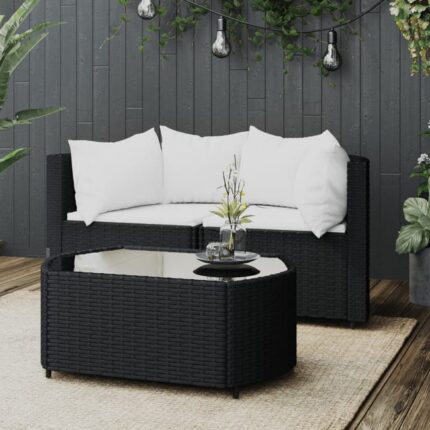 Salon de jardin 3 pcs avec coussins Noir Résine tressée vidaXL