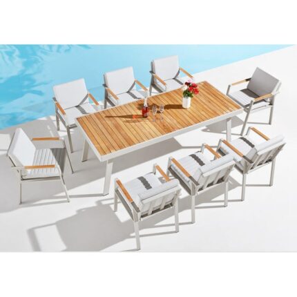 Ensemble repas jardin aluminium et bois teck 8 places haut de gamme - NOFFY