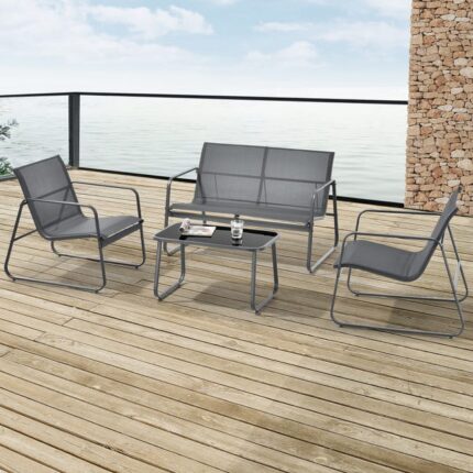 Ensemble de meubles de jardin 4 pièces Anzi table basse banc et 2 chaises acier verre trempé de 5 mm textilène gris casa.pro