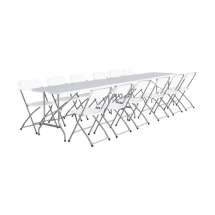 Lot de 2 tables de réception pliables en plastique blanc 180cm + 12 chaises d'appoint. table de camping
