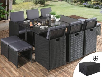Fira - Salon de jardin encastrable 10 places - en résine tressée - Noir avec coussins gris + housse de protection