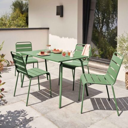 Ensemble table de jardin en métal et 4 chaises vert cactus , Palavas - Oviala