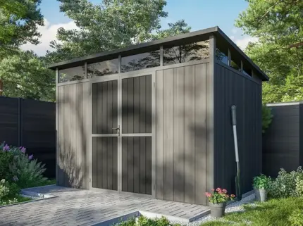 Abri de Jardin Composite EVORA Gris 7,5m2 - Structure en Aluminium - Bois Composite Co-Extrude - Anti-UV - Resistant a la Corrosion