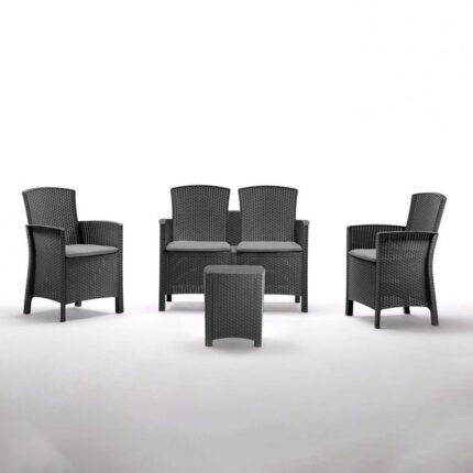 Table basse de salon en résine + canapé + 2 fauteuils avec coussins noirs