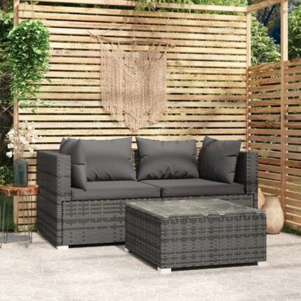 Salon de jardin 3 pcs avec coussins Gris Résine tressée vidaXL