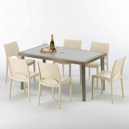 Table rectangulaire et 6 chaises Poly rotin resine ensemble bar cafè exterieur 150x90 Beige Marion