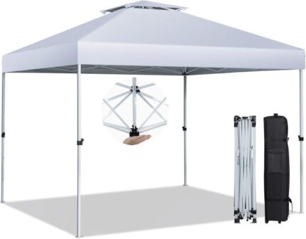Tonnelle de Jardin 305 X 305 CM, Toit Double Ventilé, Tente Pavillon Pliant Pop-up avec Hauteur Réglable, Sac de Transport Inclus(Blanc)