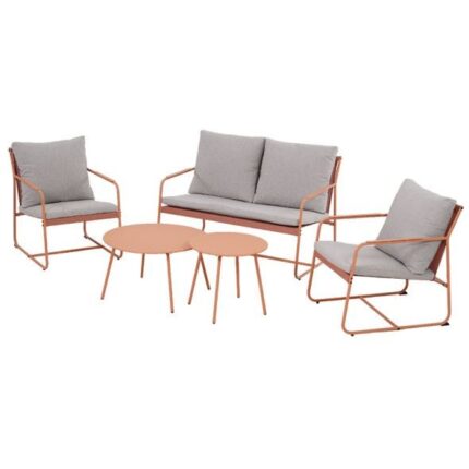 Salon de jardin PANTONE 4 places en acier pêche et coussins gris clair