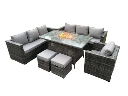 Ensemble de table de foyer au gaz de jardin Fimous Polyrattan Mélange gris foncé 9 Places Épaisseur du verre de Table 5 mm