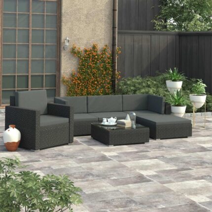 Salon de jardin 6 pcs avec coussins résine tressée noir vidaXL