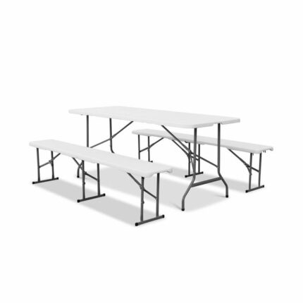 Set de table et bancs de réception. 180cm. pliables. avec poignée de transport. plastique blanc. table de camping