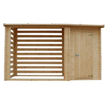 TIMBELA M205 Abri de jardin+ Chalet pour vélos/ Bucher/Abri conteneur - Cabane de jardin avec Toit plat - 344 x 130 cm - 2,54 m2+1,1 m2
