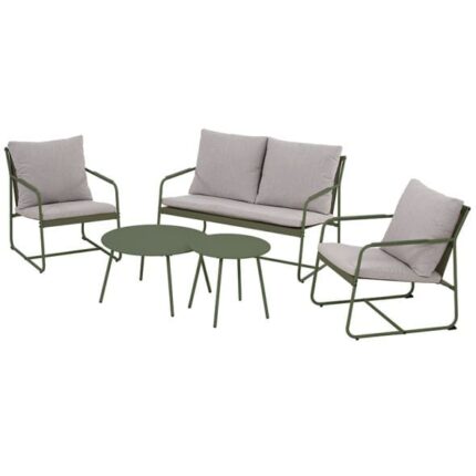 Salon de jardin PANTONE 4 places en acier kaki et coussins gris clair