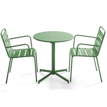 Ensemble table de terrasse et 2 fauteuils métal vert cactus , Palavas - Oviala