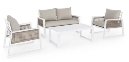 Salon de jardin "Captiva" blanc en aluminium avec cordes synthétiques pour extérieur