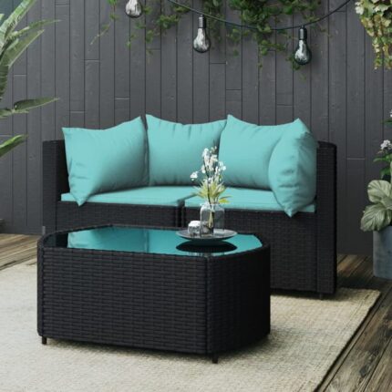 Salon de jardin 3 pcs avec coussins Noir Résine tressée vidaXL