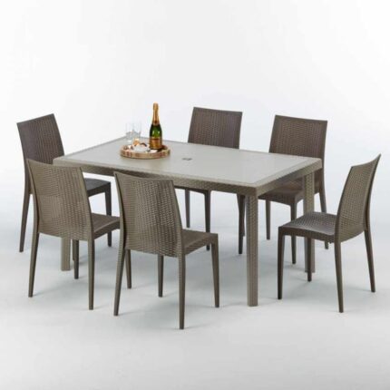 Table rectangulaire et 6 chaises Poly rotin resine ensemble bar cafè exterieur 150x90 Beige Marion