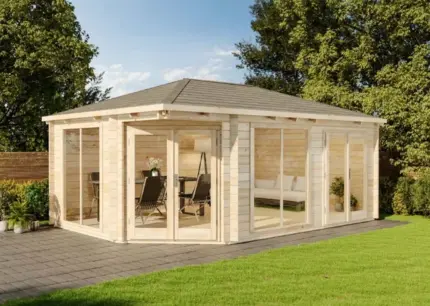 Abri de jardin Julia-40 ISO Alpholz, 6.1x4.2m dim. ext. (cas échéant incl. débord de toit) naturel, épaisseur paroi : 40mm, 25,5m² totale