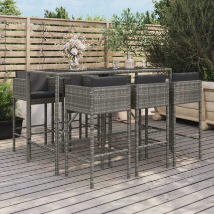 Ensemble de bar de jardin 7 pcs avec coussins gris poly rotin vidaXL