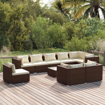 Salon de jardin 10 pcs avec coussins Résine tressée Marron vidaXL