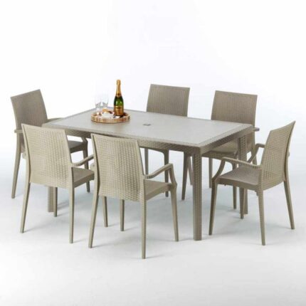 Table rectangulaire et 6 chaises Poly rotin resine ensemble bar cafè exterieur 150x90 Beige Marion