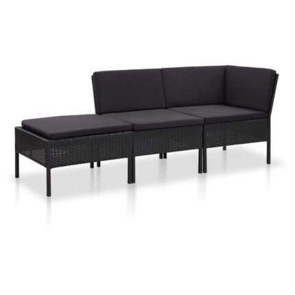 Salon de jardin 3 pcs avec coussins Résine tressée Noir vidaXL