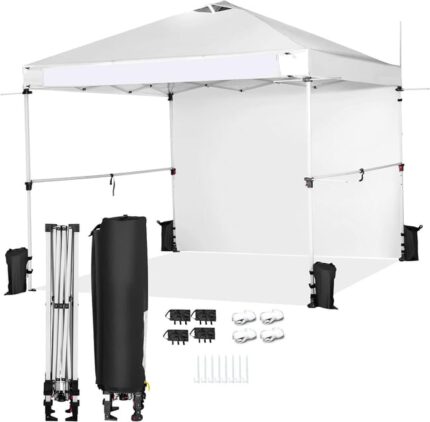 Tonnelle 3x3m Instantanée avec Paroi Latérale,Hauteur Réglable avec Bâche Tombante,Conception avec Sac de Sable,Blanc