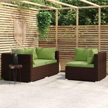 Salon de jardin 3 pcs avec coussins Marron Résine tressée vidaXL
