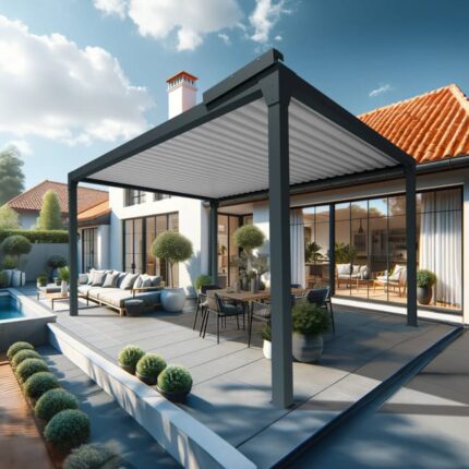 Pergola bioclimatique LUFU îlot - 3.50 x 3.99m Vérin à Télécommande (Gris anthracite / Blanc)