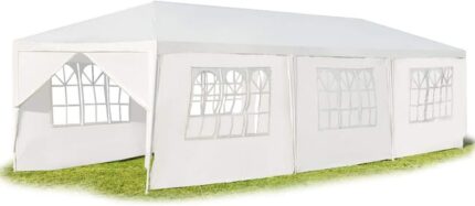Tonnelle 3x9M Tente de Réception 8 Bâches avec Fenêtres,Pergola avec Piquets et Cordes,Tissu étanche/Résistant au Soleil