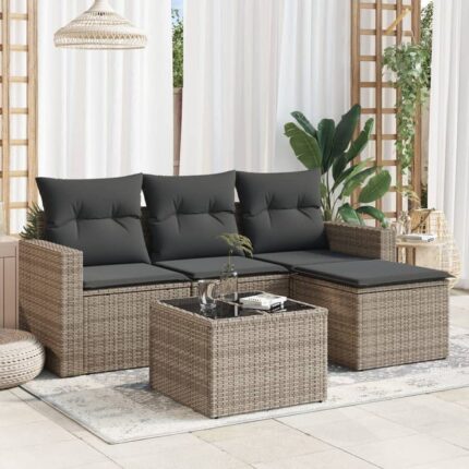 Salon de jardin 5 pcs | Mobilier d'Extérieur | Ensemble de Table et chaises avec coussins gris résine tressée CDS99497