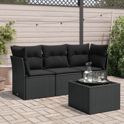 Salon de jardin 4 pcs | Mobilier d'Extérieur | Ensemble de Table et chaises avec coussins noir résine tressée CDS46487