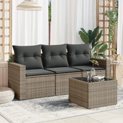 Salon de jardin 4 pcs | Mobilier d'Extérieur | Ensemble de Table et chaises avec coussins gris résine tressée CDS58820