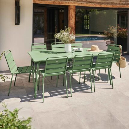 Ensemble table de jardin et 8 chaises en métal vert cactus , Palavas - Oviala