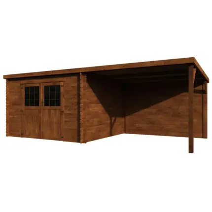 Abri de jardin bois Eden - 8,16 m² utile - 3.30x3.00 m + Appenti - Ep. 28 mm - Couleur : traité autoclave marron - Décor et Jardin