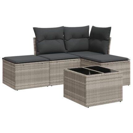 Salon de jardin 5 pcs | Mobilier de jardin | Salon d'extérieur avec coussins gris clair résine tressée CFW73755