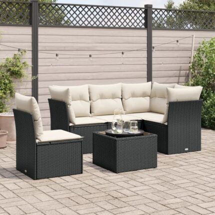 Salon de jardin 6 pcs | Mobilier d'Extérieur | Ensemble de Table et chaises avec coussins noir résine tressée CDS89433