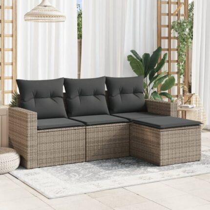 Salon de jardin 4 pcs | Mobilier d'Extérieur | Ensemble de Table et chaises avec coussins gris résine tressée CDS73651