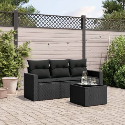 Salon de jardin 4 pcs | Mobilier d'Extérieur | Ensemble de Table et chaises avec coussins noir résine tressée CDS39771
