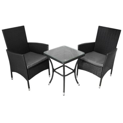 Set Mobilier Bistro Luxe 3 Pièces Rotin Table Verre Trempé 2 Chaises Confortable Terrasse Jardin Salon de Jardin Noir