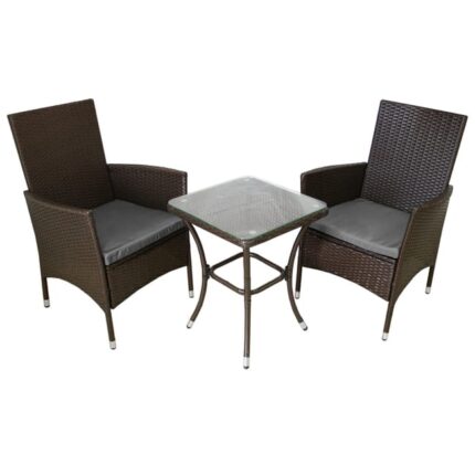 Set Mobilier Bistro Luxe 3 Pièces Rotin Table Verre Trempé 2 Chaises Confortable Terrasse Jardin Salon de Jardin Marron