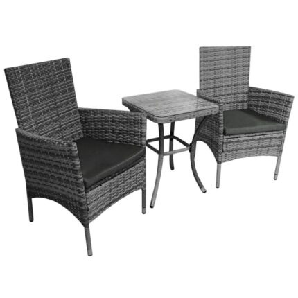 Set Mobilier Bistro Luxe 3 Pièces Rotin Table Verre Trempé 2 Chaises Confortable Terrasse Jardin Salon de Jardin Gris