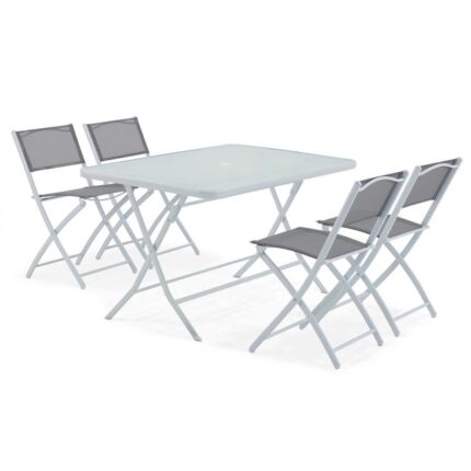 Table de terrasse et 4 chaises pliantes en acier et verre gris