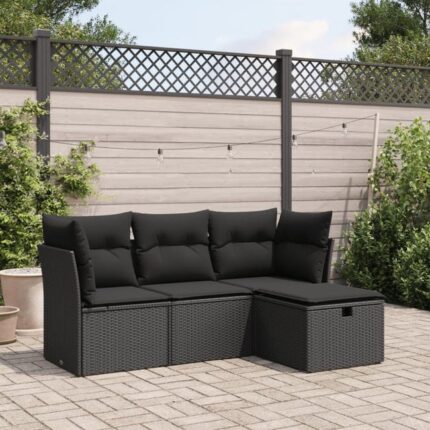 Salon de jardin 4 pcs | Mobilier de jardin | Salon d'extérieur avec coussins noir résine tressée CFW310778