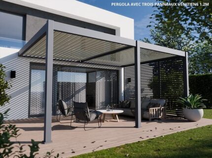 Pergola Bioclimatique Aluminium Adossée 19m2 - 3,6x5,3 - Panneaux Vénitiens - Anthracite - 34 lames en Aluminium a 120° - Tonnelle - HALO